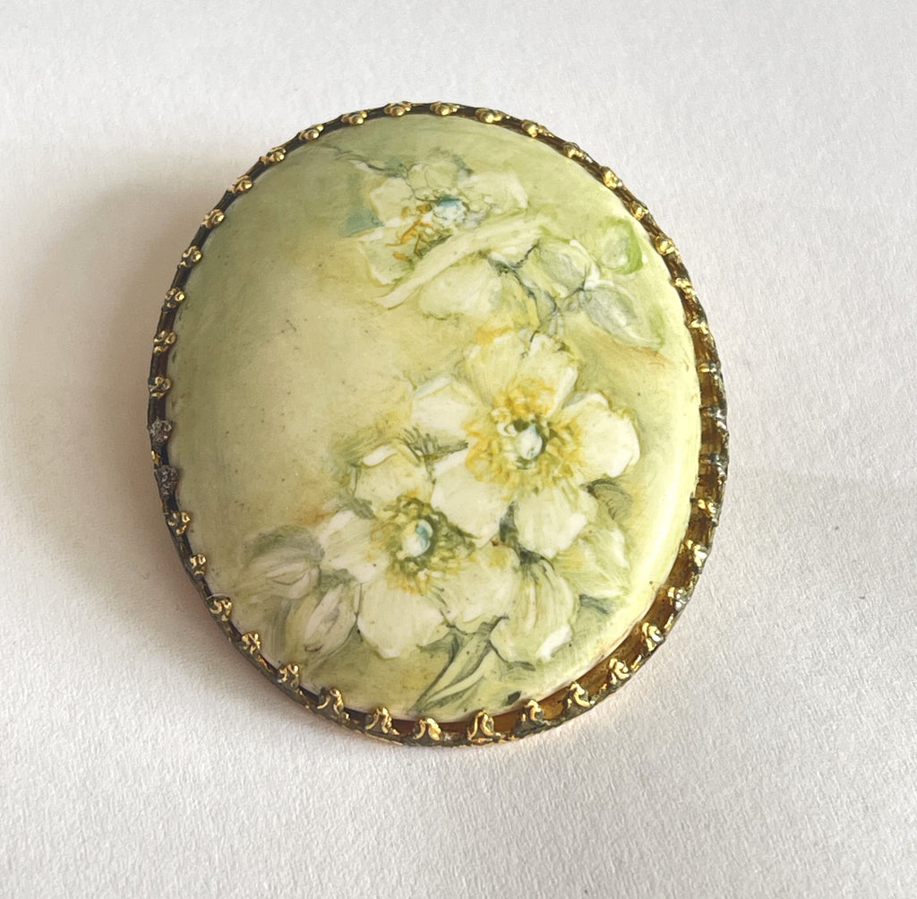 Hand Painted Porcelain Floral Brooch-Vintageonline-Vintage Online