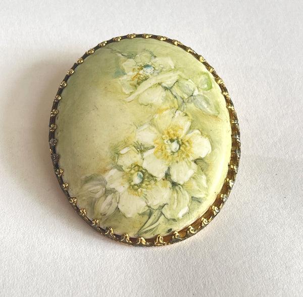 Hand Painted Porcelain Floral Brooch-Vintageonline-Vintage Online