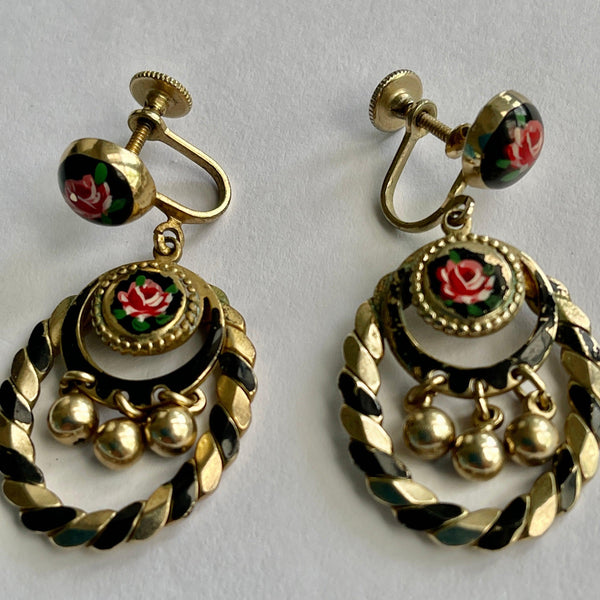 Hand painted Roses Enamelled Vintage Earrings-Vintageonline-Vintage Online