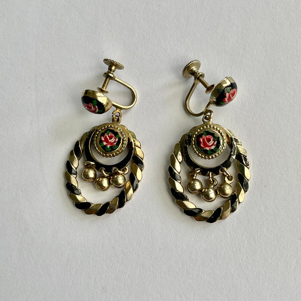 Hand painted Roses Enamelled Vintage Earrings-Vintageonline-Vintage Online