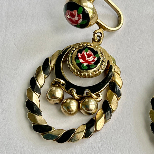 Hand painted Roses Enamelled Vintage Earrings-Vintageonline-Vintage Online