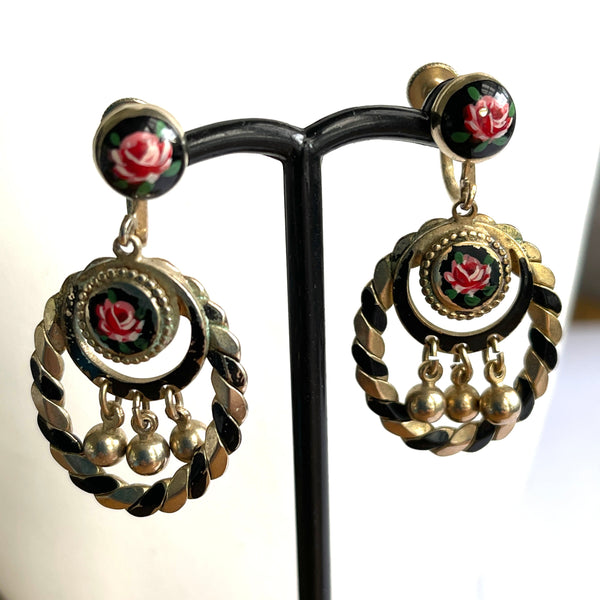 Hand painted Roses Enamelled Vintage Earrings-Vintageonline-Vintage Online