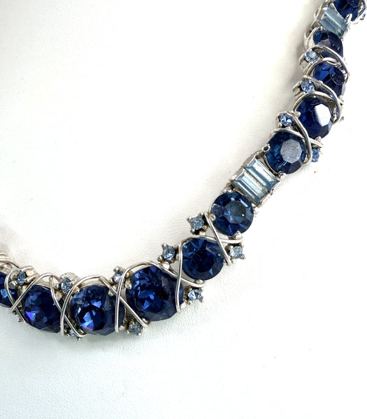 Hattie Carnegie Crossover Sapphire Blue Chaton Rhinestone 1950's Vintage Necklace-Hattie Carnegie-Vintage Online