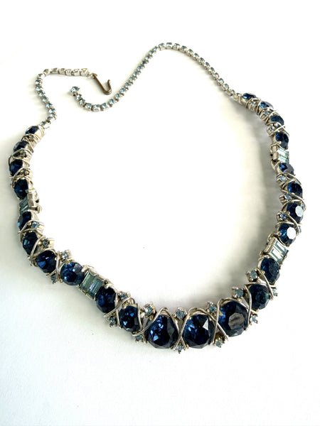 Hattie Carnegie Crossover Sapphire Blue Chaton Rhinestone 1950's Vintage Necklace-Hattie Carnegie-Vintage Online