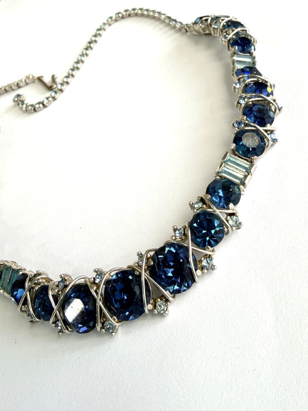 Hattie Carnegie Crossover Sapphire Blue Chaton Rhinestone 1950's Vintage Necklace-Hattie Carnegie-Vintage Online