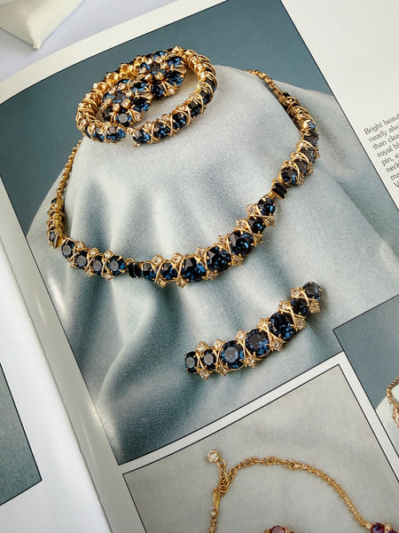 Hattie Carnegie Crossover Sapphire Blue Chaton Rhinestone 1950's Vintage Necklace-Hattie Carnegie-Vintage Online