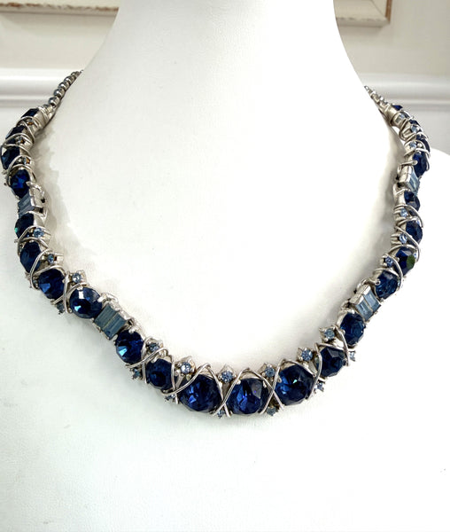 Hattie Carnegie Crossover Sapphire Blue Chaton Rhinestone 1950's Vintage Necklace-Hattie Carnegie-Vintage Online
