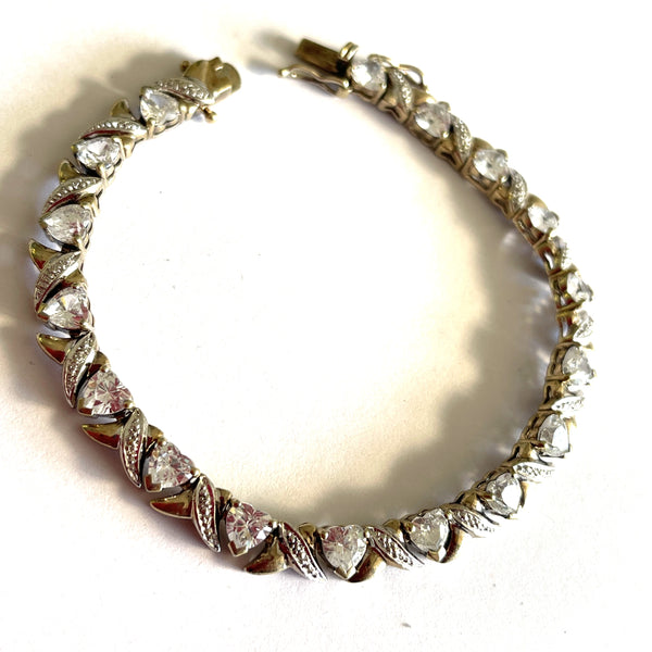 Heart Shaped Cubic Zirconia Set in Gold Plated Sterling Silver Bracelet-Vintageonline-Vintage Online