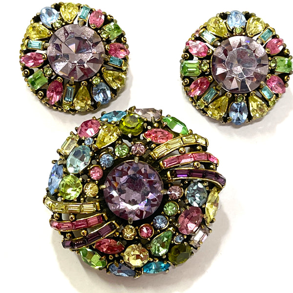 Hollycraft 1955 Coloured Rhinestone Brooch Pin and Matching Earrings Set-Hollycraft USA-Vintage Online