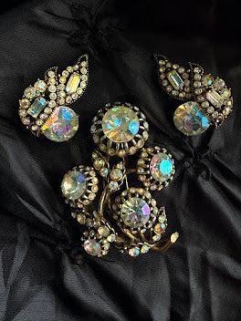 Hollycraft 1955 Demi Parure Aurora Borealis Brooch & Earrings-Hollycraft USA-Vintage Online