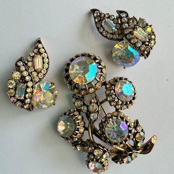 Hollycraft 1955 Demi Parure Aurora Borealis Brooch & Earrings-Hollycraft USA-Vintage Online