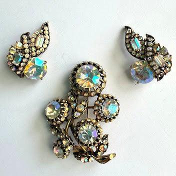 Hollycraft 1955 Demi Parure Aurora Borealis Brooch & Earrings-Hollycraft USA-Vintage Online