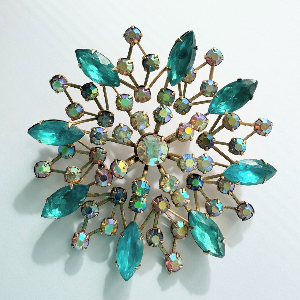 Large Rhinestone Aurora Borealis Snowflake Brooch