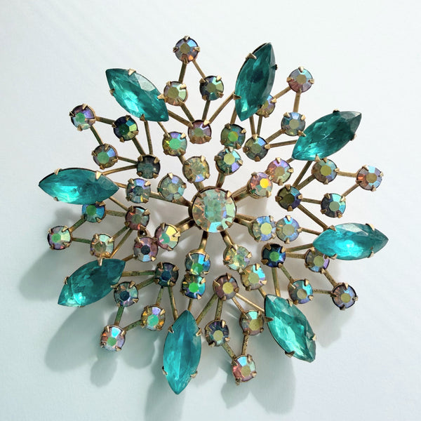 Large Rhinestone Aurora Borealis Snowflake Brooch