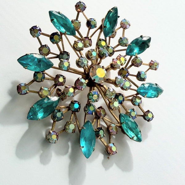 Large Rhinestone Aurora Borealis Snowflake Brooch
