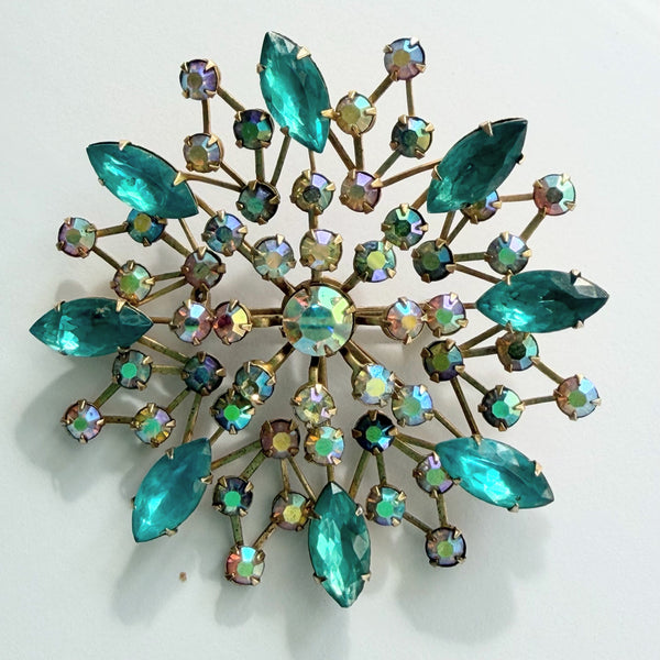 Large Rhinestone Aurora Borealis Snowflake Brooch