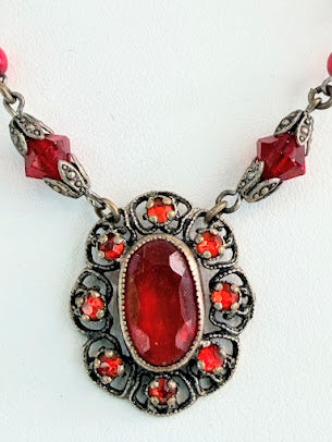 1930's Vintage Red Glass Art Deco Necklace