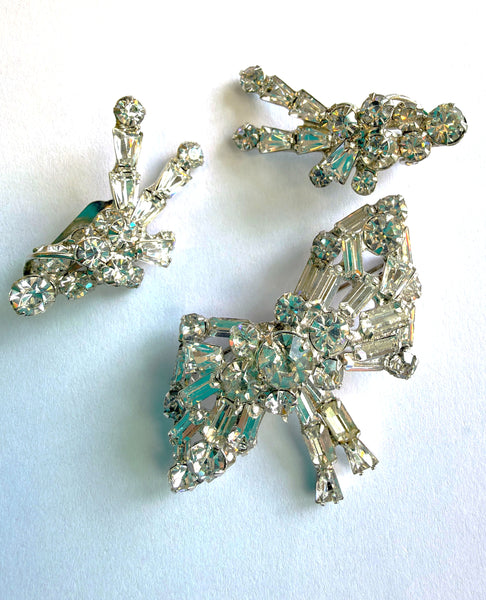 Rhinestone Bow Brooch & Matching Earrings