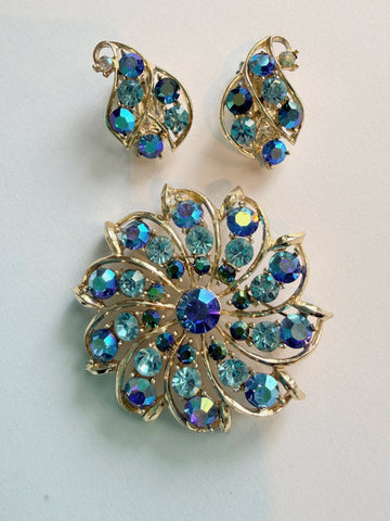 Aurora Borealis Blue Crystal Brooch & Matching Earrings Set