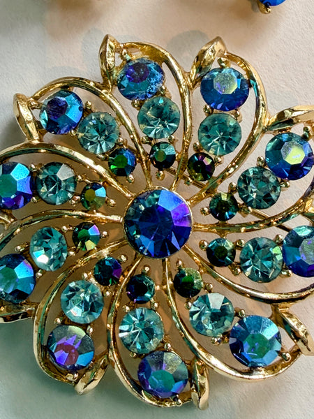 Aurora Borealis Blue Crystal Brooch & Matching Earrings Set