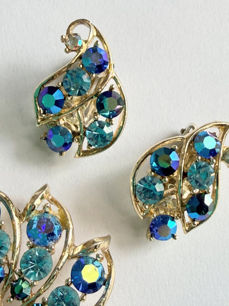 Aurora Borealis Blue Crystal Brooch & Matching Earrings Set