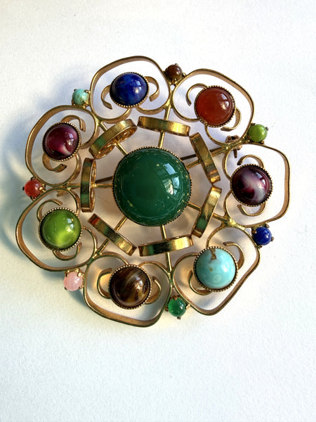 Gold Tone  Multi Colour Glass Cabs Vintage Brooch