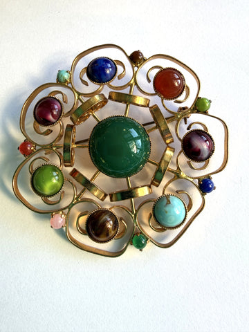 Gold Tone  Multi Colour Glass Cabs Vintage Brooch