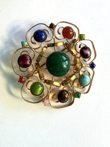 Gold Tone  Multi Colour Glass Cabs Vintage Brooch