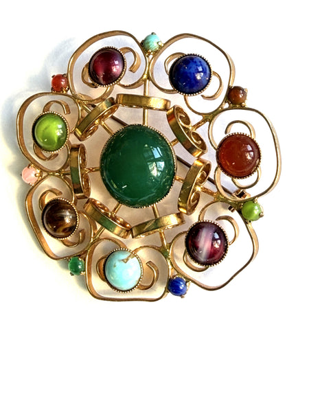 Gold Tone  Multi Colour Glass Cabs Vintage Brooch