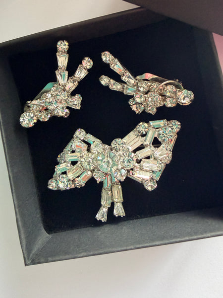 Rhinestone Bow Brooch & Matching Earrings