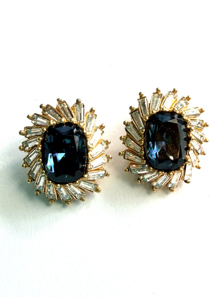 DIOR Vintage 80's Blue Sapphire Glass & Baguette Shaped Rhinestones