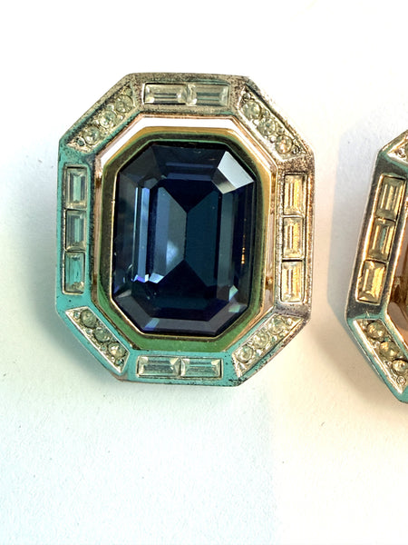 DIOR Vintage 80's Sapphire Blue Glass & Rhinestone Earrings