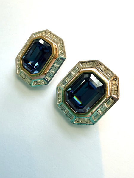 DIOR Vintage 80's Sapphire Blue Glass & Rhinestone Earrings