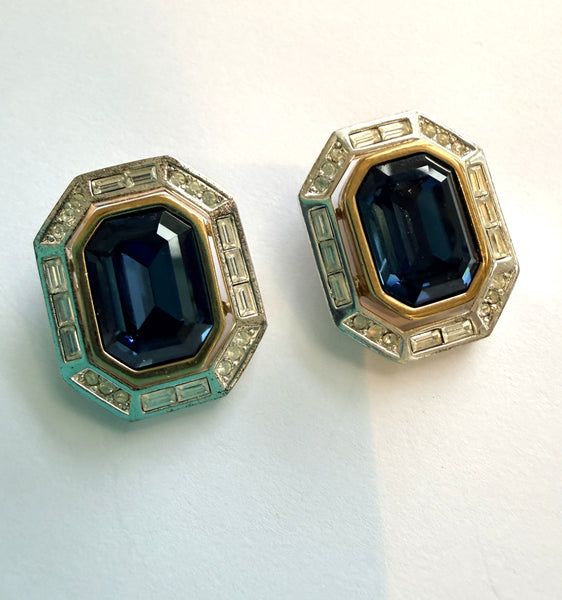 DIOR Vintage 80's Sapphire Blue Glass & Rhinestone Earrings