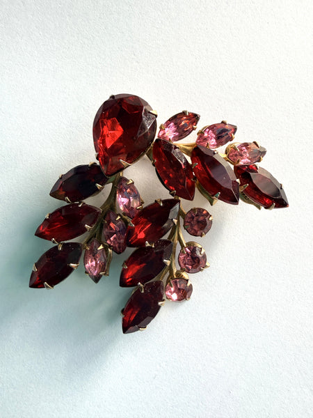 Ruby Red & Pink Rhinestone Brooch