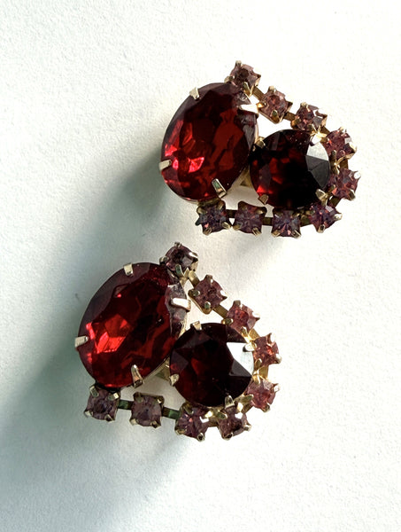 Ruby Red & Pink Rhinestone Vintage Earrings