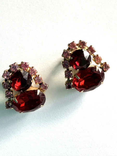 Ruby Red & Pink Rhinestone Vintage Earrings