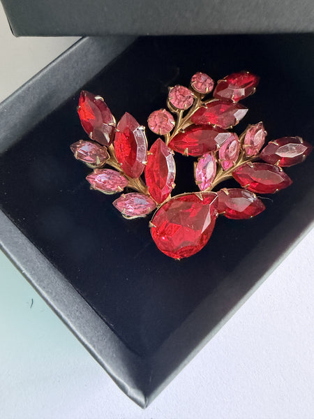 Ruby Red & Pink Rhinestone Brooch