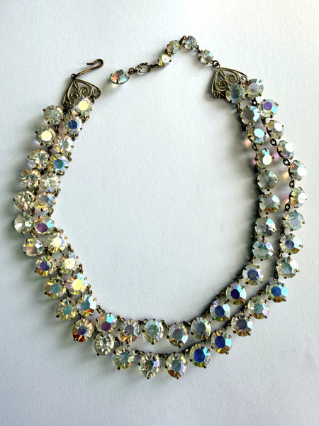 Double Strand Bezel Set Aurora Borealis 1950's Necklace