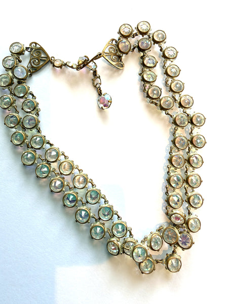 Double Strand Bezel Set Aurora Borealis 1950's Necklace
