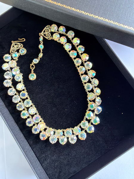 Double Strand Bezel Set Aurora Borealis 1950's Necklace