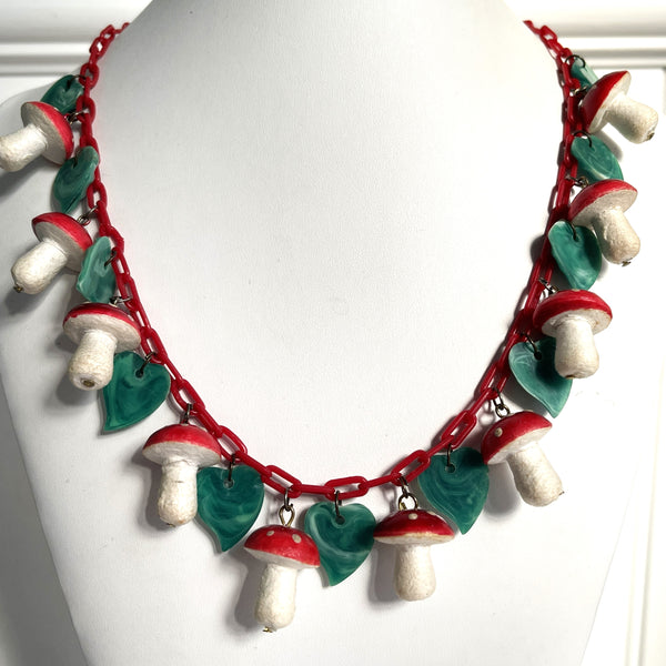 Early Plastic Celluloid Toadstool and Leaves Vintage 50's Necklace.