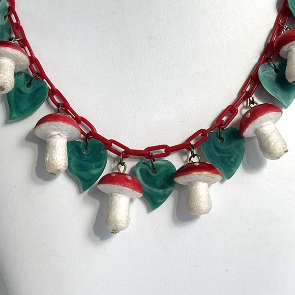 Early Plastic Celluloid Toadstool and Leaves Vintage 50's Necklace.
