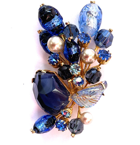 Made in Austria Blue Rhinestone & Pearl Vintage Brooch