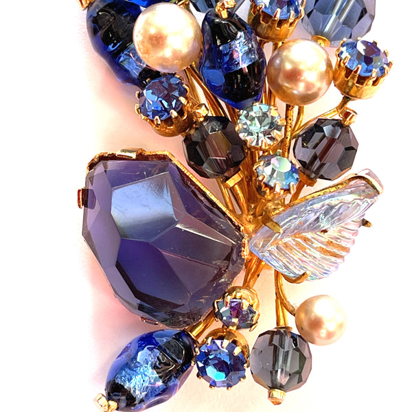 Made in Austria Blue Rhinestone & Pearl Vintage Brooch