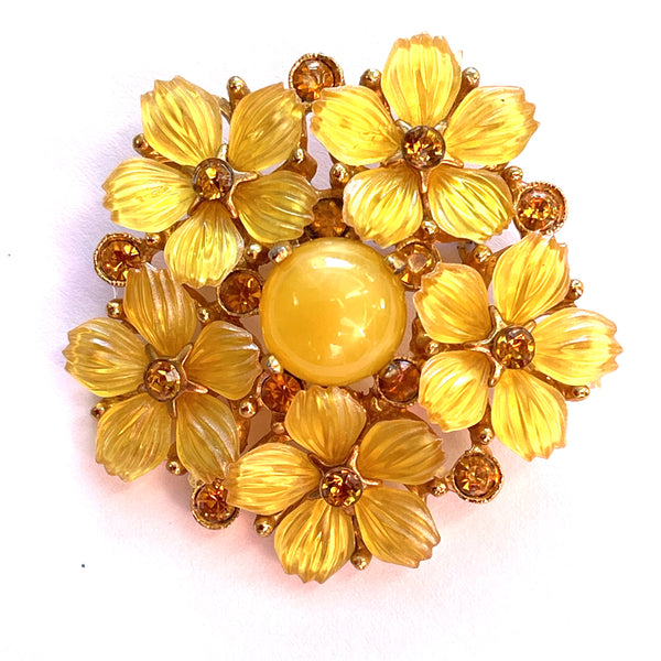 Yellow Lucite Flower Head Brooch