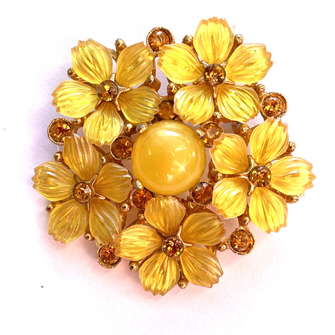Yellow Lucite Flower Head Brooch