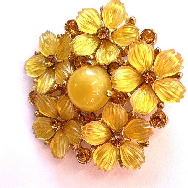 Yellow Lucite Flower Head Brooch
