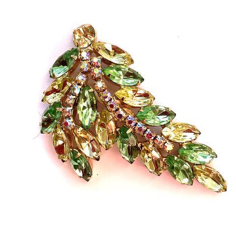 Green and Lemon Rhinestone Vintage Leaves Brooch