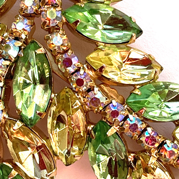 Green and Lemon Rhinestone Vintage Leaves Brooch